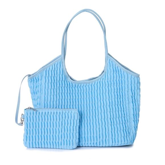 Light Blue Tote - BRAND NEW - Puckered Fabric - Small Pouch Inside - Picture 1 of 4